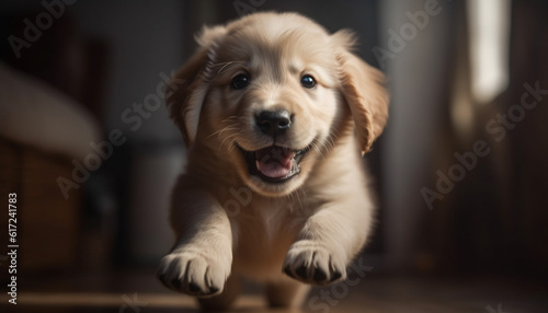 Cute puppy sitting, looking at camera indoors generated by AI © Jeronimo Ramos