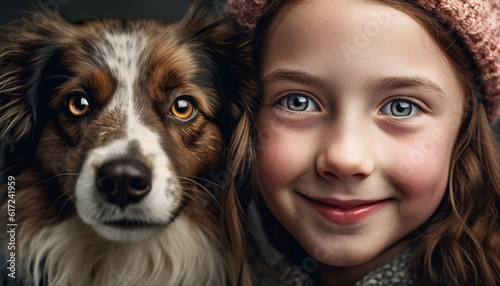 Smiling girls holding playful puppy in portrait generated by AI