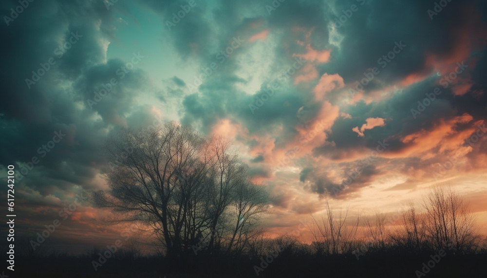 Fototapeta premium Silhouette tree back lit by vibrant sunset generated by AI