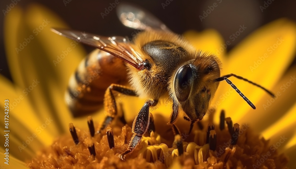 Busy honey bee collecting pollen from flower generated by AI Busy honey bee collecting pollen from flower generated by AI