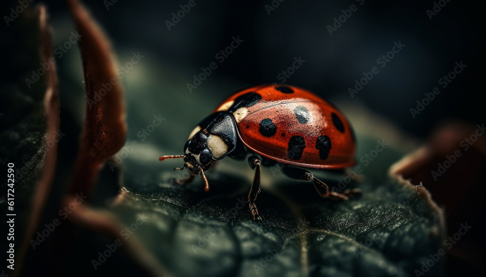 Fototapeta premium Spotted ladybug crawling on green leaf generated by AI