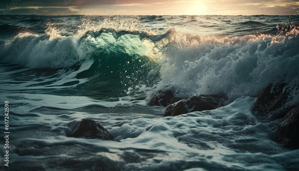 Sunset surf splashing, wet sand reflecting beauty generated by AI Sunset surf splashing, wet sand reflecting beauty generated by AI