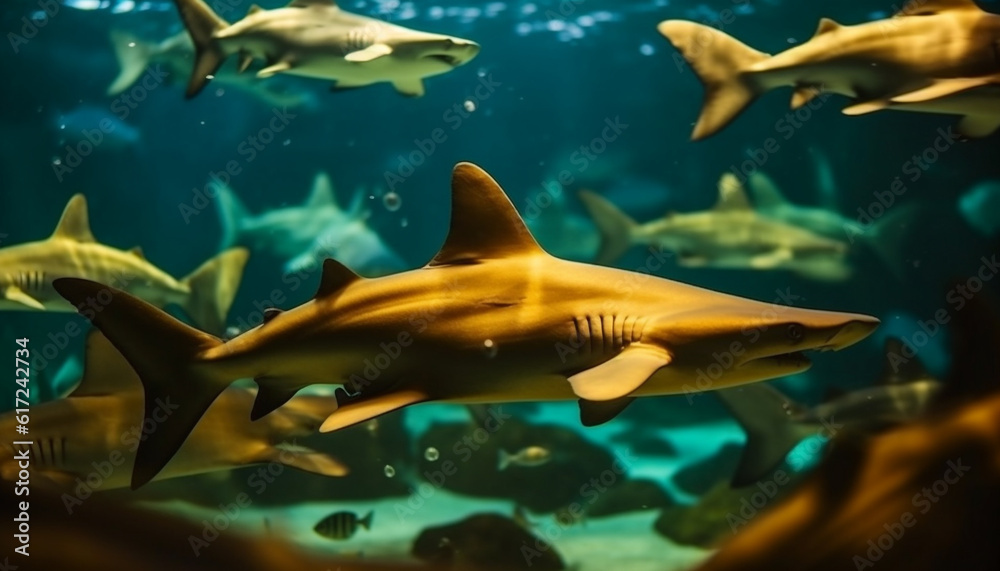 Obraz premium School of fish swimming in coral reef generated by AI
