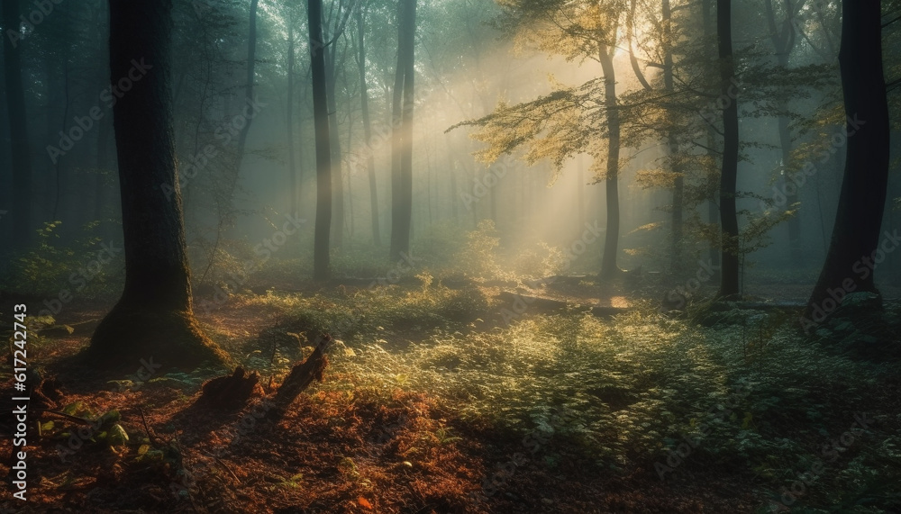 Mysterious forest, spooky beauty in nature mystery generated by AI