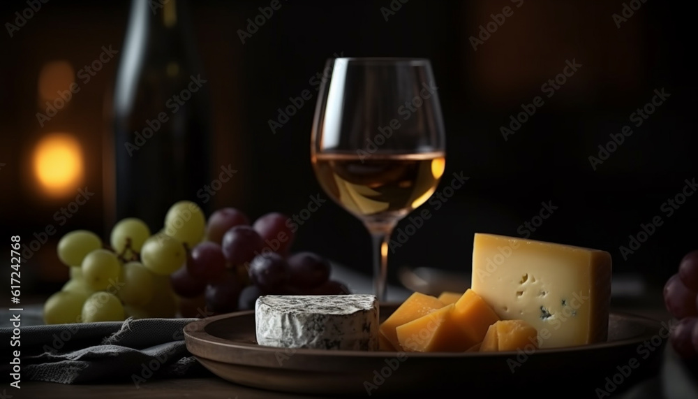 Gourmet cheese plate with wine and fruit generated by AI