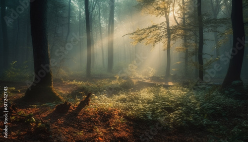 Mysterious forest, spooky beauty in nature mystery generated by AI