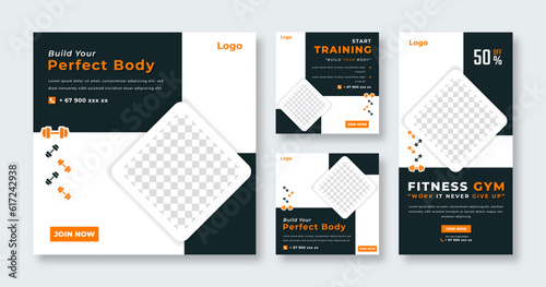 Gym Fitness Social Media Post for Online Marketing Promotion Banner, Story and Web Internet Ads Flyer