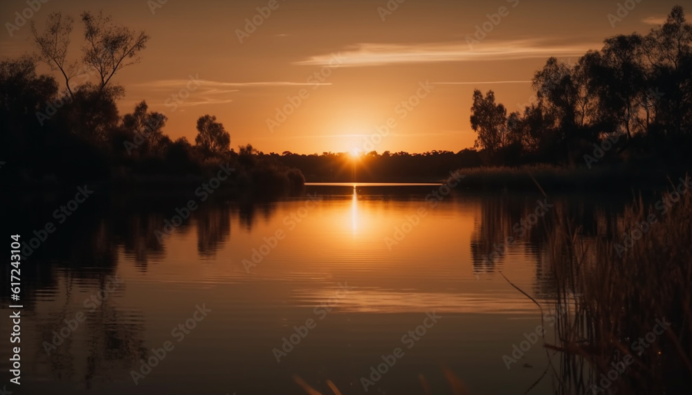 Obraz premium Orange sunset reflects on tranquil water landscape generated by AI