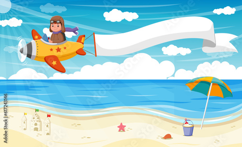 Kid Flying Plane With Banner. Vector illustration