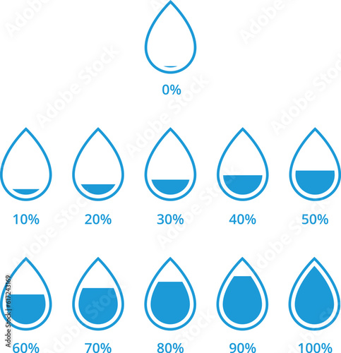 Water or liquids level percent icon. Water drop infographic elements. Vector illustration.