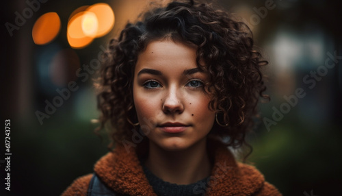 Beautiful young woman with curly brown hair smiling generated by AI