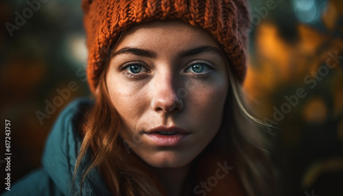 Beautiful young woman in warm knit hat generated by AI
