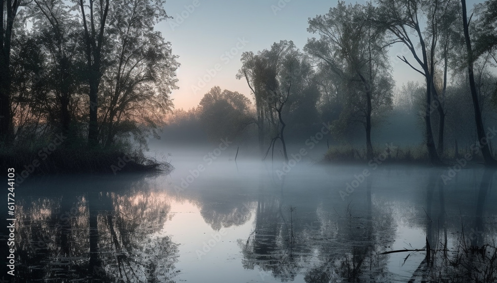 Tranquil scene of foggy forest at dawn generated by AI Tranquil scene of foggy forest at dawn generated by AI