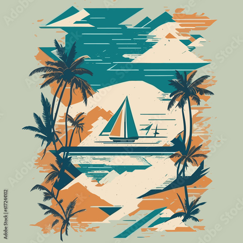 a poster of a boat in the ocean with palm trees t-shirt design