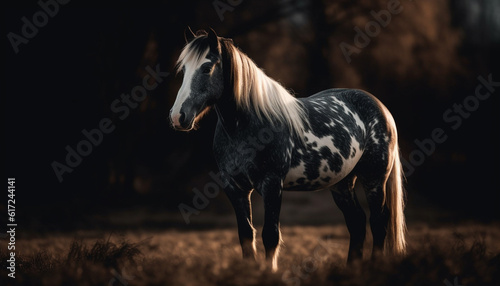 Stallion standing in meadow  looking at camera generated by AI