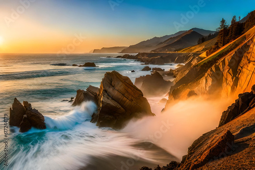 A captivating coastal scene in Big Sur, California, rugged cliffs plunging into the turquoise ocean below © Beste stock