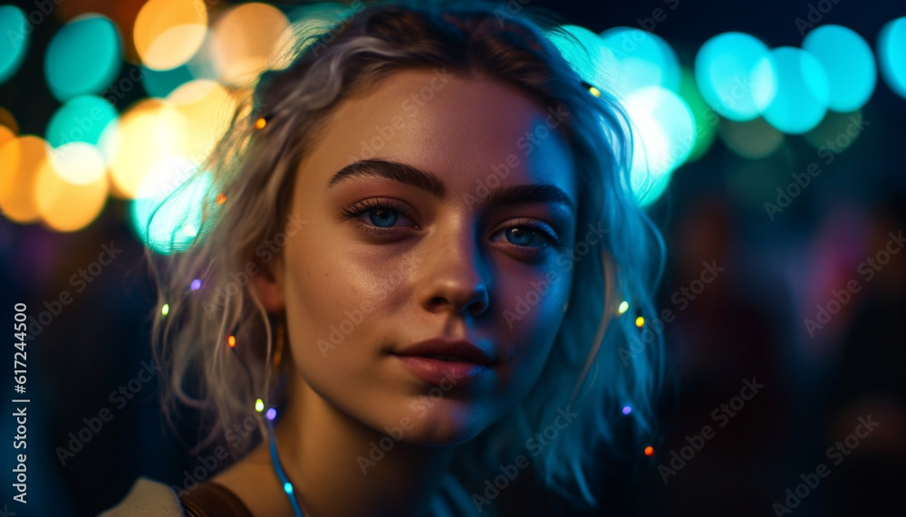 Beautiful fashion model smiling outdoors at night generated by AI Beautiful fashion model smiling outdoors at night generated by AI