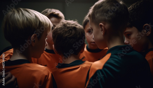 Smiling school children playing sports indoors happily generated by AI