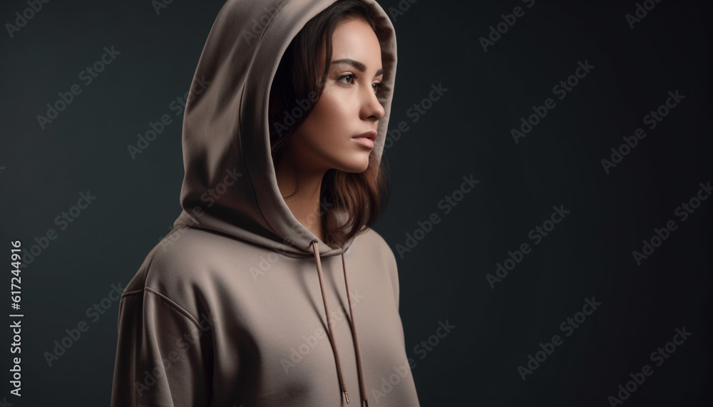 Young woman in hooded shirt exudes confidence generated by AI Young woman in hooded shirt exudes confidence generated by AI