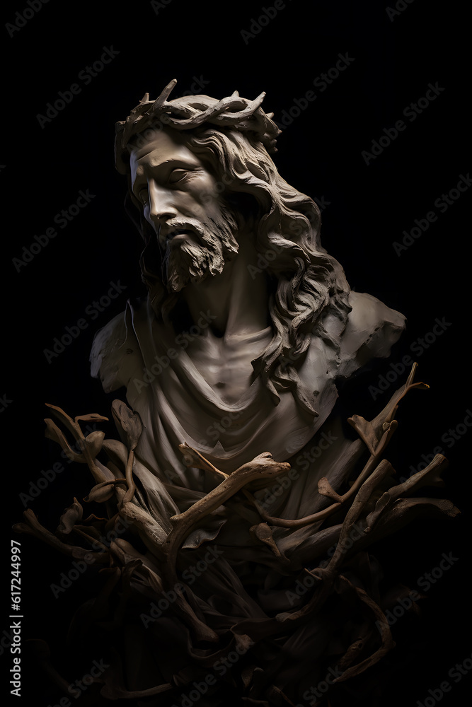 Sculpture of a man between the branches of trees on a black background.
Illustration statuette, Generative AI.