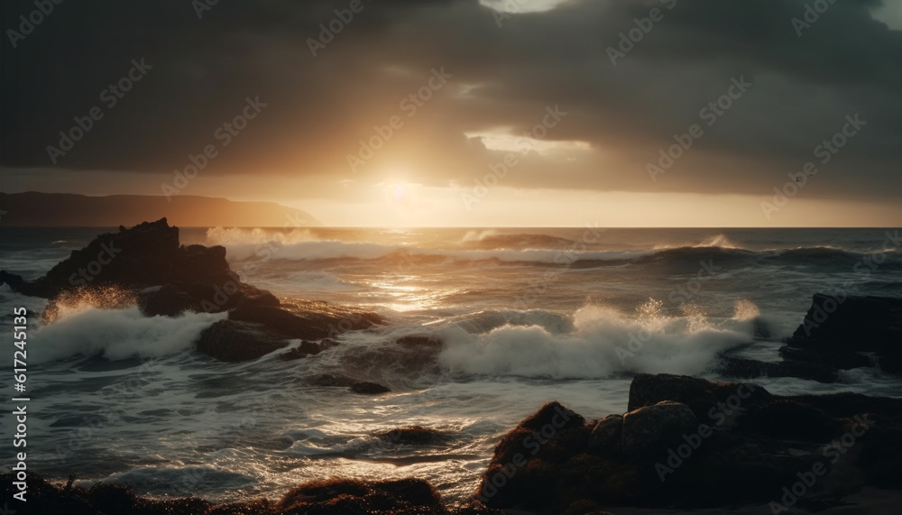Fototapeta premium Sunset over tranquil seascape, waves splashing rocks generated by AI