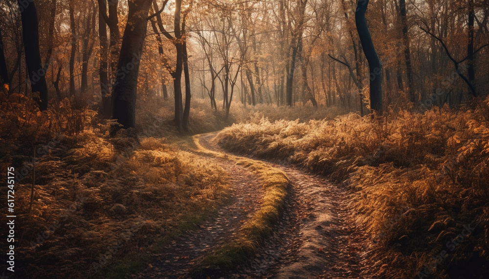 Obraz premium Autumn leaves on tranquil forest footpath generated by AI