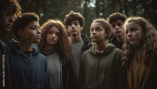 Young adults and teenagers smiling in nature generated by AI © Jeronimo Ramos