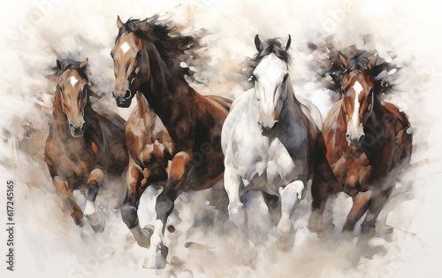 Oil painting depicting a group of running wild horses. Animal painting collection for decoration, wallpaper, and interior.