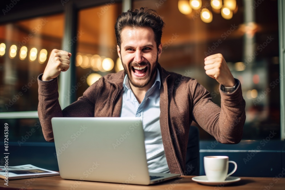 Successful entrepreneur celebrating with fist pump in front of laptop. Generative AI Successful entrepreneur celebrating with fist pump in front of laptop. Generative AI