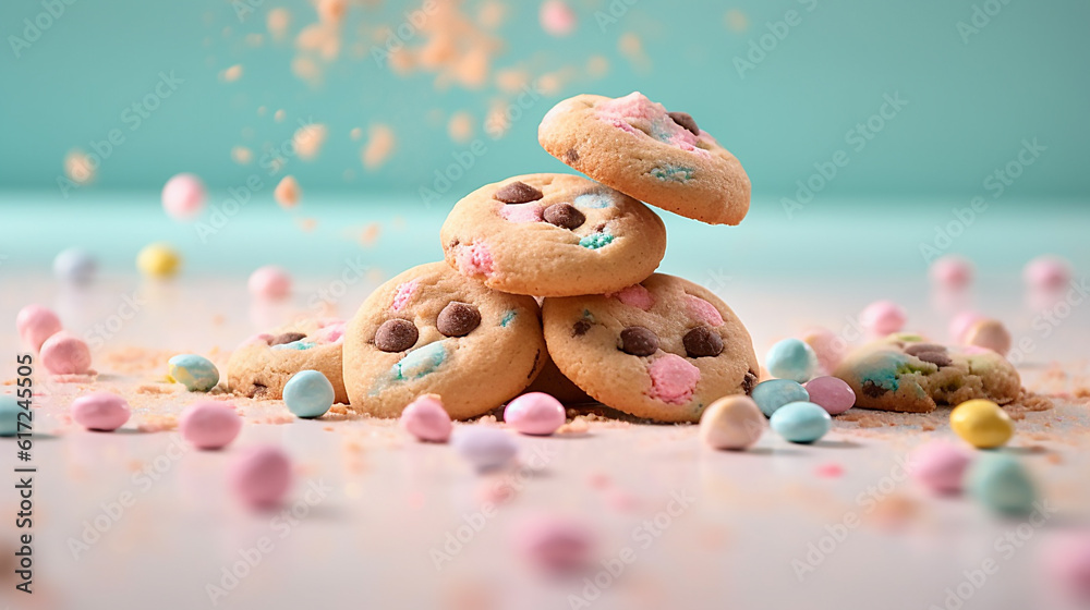 Chocolate chip cookies on a pastel background - Generative AI Chocolate chip cookies on a pastel background - Generative AI