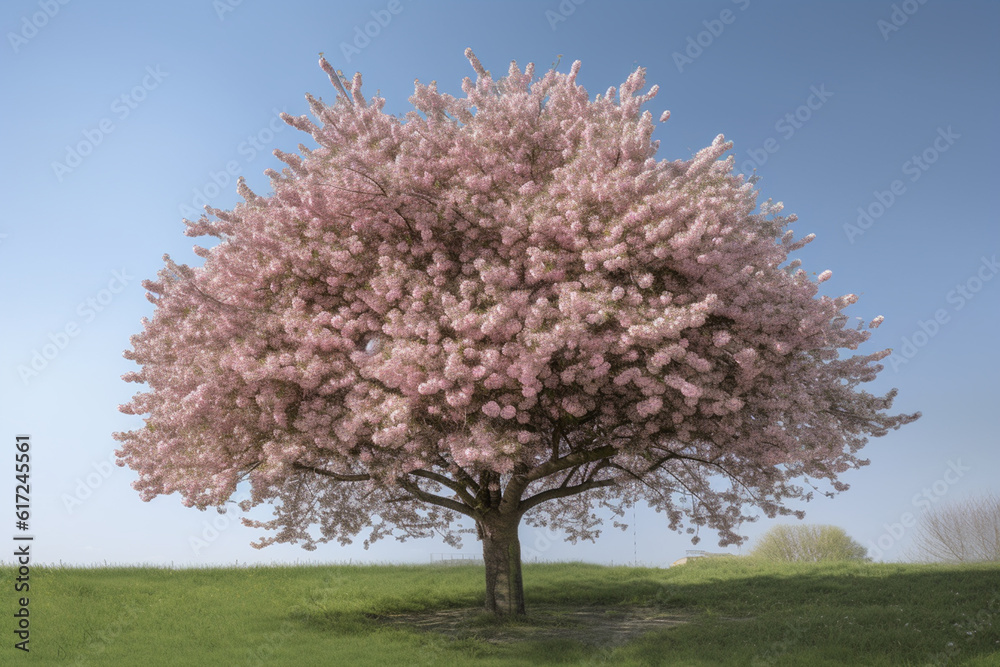 Flowering sakura tree cherry blossom. Single tree on the horizon with white flowers in the spring. Fresh green meadow with blue sky