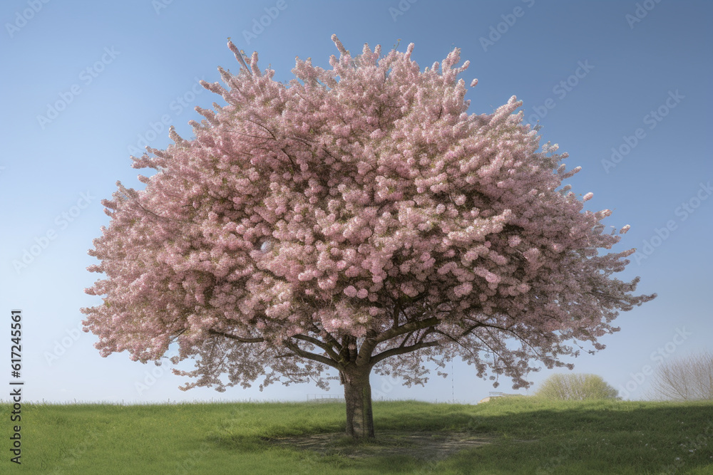 Flowering sakura tree cherry blossom. Single tree on the horizon with white flowers in the spring. Fresh green meadow with blue sky Flowering sakura tree cherry blossom. Single tree on the horizon with white flowers in the spring. Fresh green meadow with blue sky