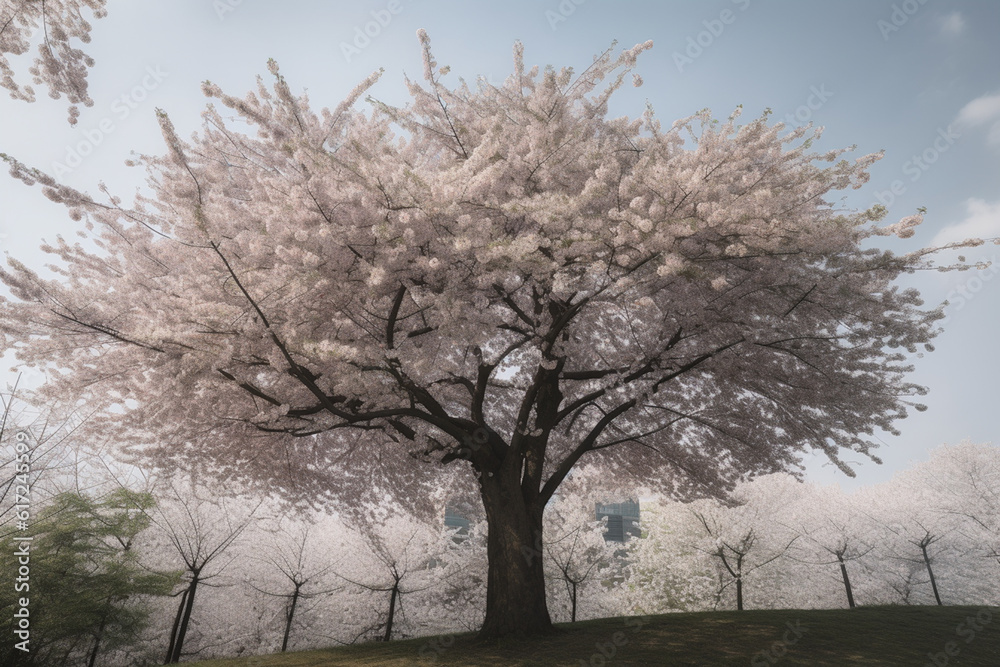 Flowering sakura tree cherry blossom. Single tree on the horizon with white flowers in the spring. Fresh green meadow with blue sky Flowering sakura tree cherry blossom. Single tree on the horizon with white flowers in the spring. Fresh green meadow with blue sky