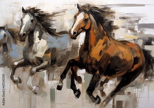 Two horses on the beach. This is a fine art oil painting of horses running in a field.