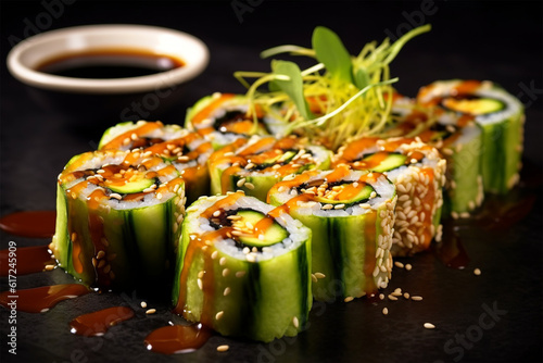 maki roll with cucumber served with sauce and sesame seeds