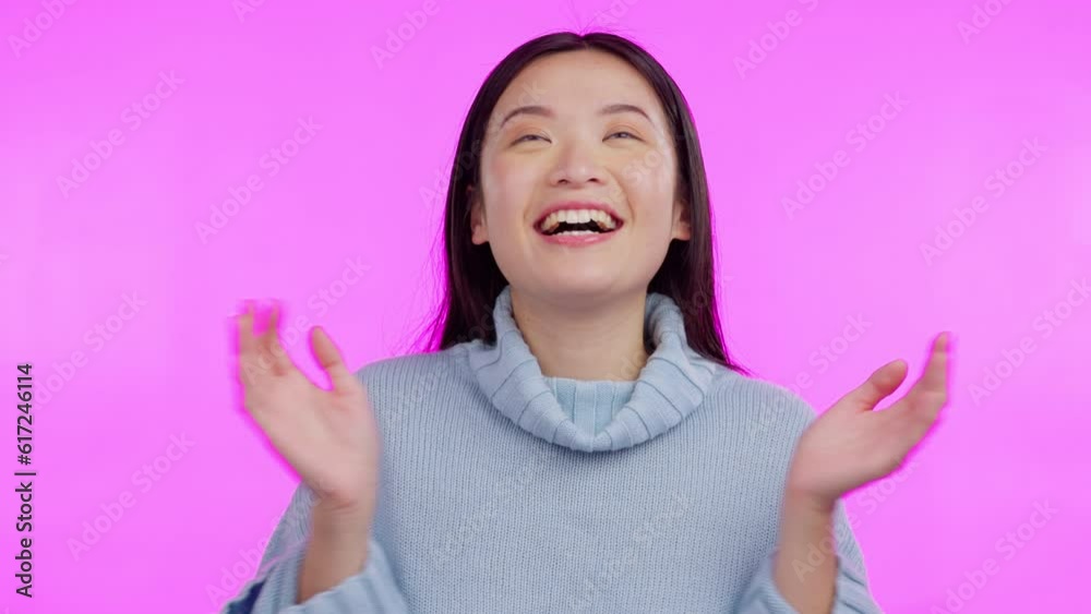 Hands, wow and happy woman in studio looking up and news, deal or coming soon promo on purple background. Emoji, smile and asian female person surprised by quote, announcement or sale information Hands, wow and happy woman in studio looking up and news, deal or coming soon promo on purple background. Emoji, smile and asian female person surprised by quote, announcement or sale information
