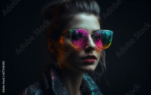 Portrait of a young woman with sunglasses on black background.