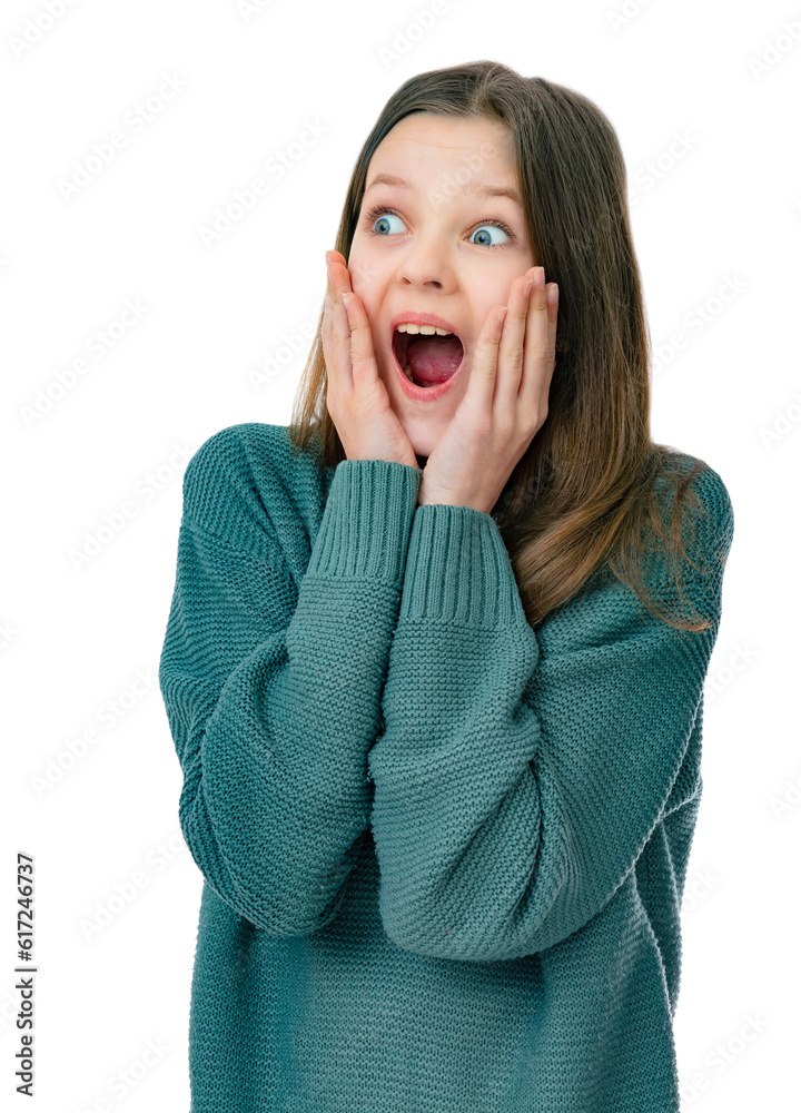 Portrait of twelve year old teenager excited lucky receive unbelievable awesome present, isolated on white background. Cute caucasian girl smiling standing pleased and posing in studio. Portrait of twelve year old teenager excited lucky receive unbelievable awesome present, isolated on white background. Cute caucasian girl smiling standing pleased and posing in studio.