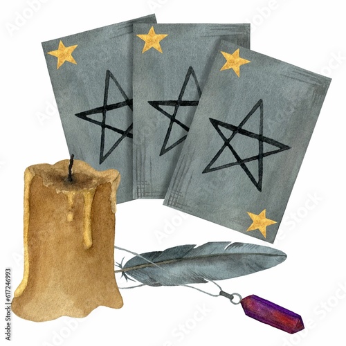 Composition with tarot cards, candle, feather and crystal. Halloween, alchemy, occult and mystical decor. Watercolor hand drawn illustration isolated on white background. Template for design.