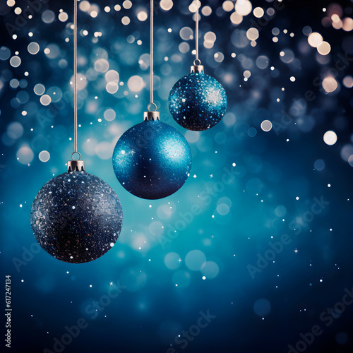 Christmas balls hanging on blue background. AI Generative.