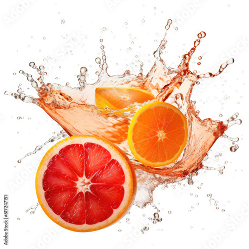 An explosion of red orange with slices on white background