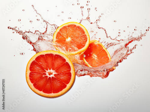 An explosion of red orange with slices on white background