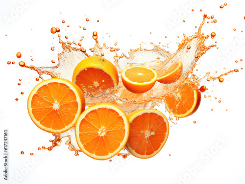 An explosion of red orange with slices on white background