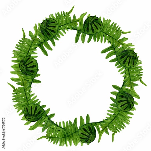 Round frame from green ferns with copy space. Forest wildlife scene. Watercolor hand drawn illustration on white background. Template for the design banner, cards, flyers, children's interior.