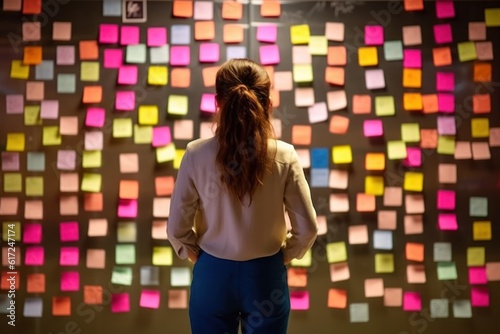 woman standing in front of a whiteboard with sticky notes on it