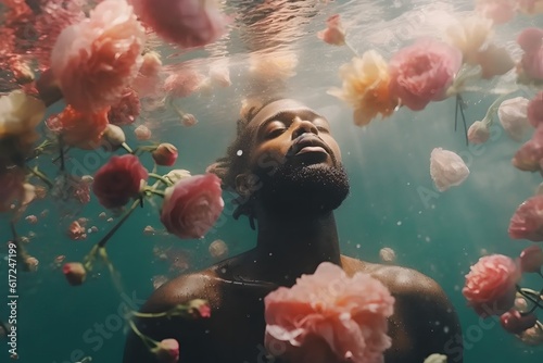 Black afro man in the sea, ocean under water with flowers, peonies and roses. The concept of psychedelia, relaxation and health. Generated AI