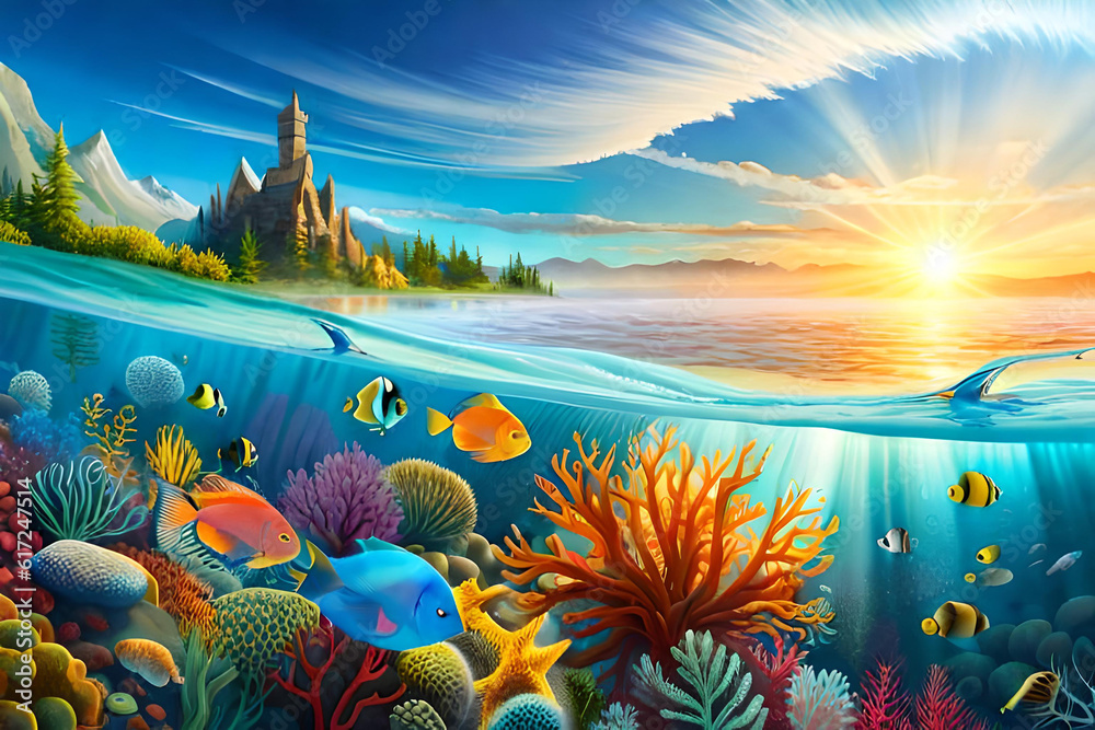 coral reef teeming with marine life, vibrant coral formations in various shapes and colors, a school of tropical fish swimming in harmony