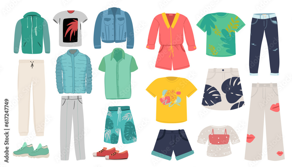Woman and man clothes and accessories collection - fashion wardrobe - vector color illustration,