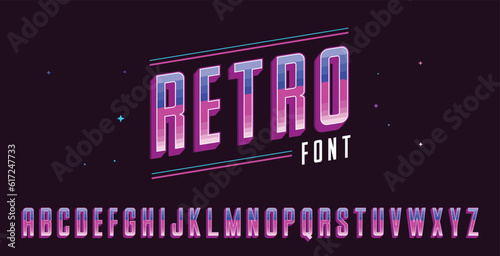Retro Futuristic 80s style font. Vector alphabet with chrome effect template for game titles, poster titles, vintage style 