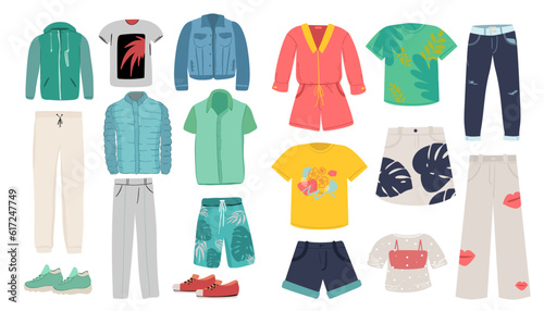 Woman and man clothes and accessories collection - fashion wardrobe - vector color illustration 